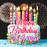 A lively happy birthday animated GIF showcasing a colorful birthday cake covered in sprinkles, topped with glowing candles, and surrounded by vibrant fireworks. The name 'Warren' is featured in elegant script.