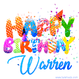 Animated GIF with colorful, festive 'Happy Birthday Warren' text decorated with patterns, a party hat, and falling confetti. A vibrant and cheerful design for birthday celebrations.
