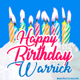 A cheerful animated GIF featuring colorful lit birthday candles on a white cake, with the text 'Happy Birthday Warrick' in bold red and blue script on a bright blue background.