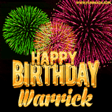 A captivating GIF with bursts of green, pink, and orange fireworks lighting up the night sky, accompanied by 'Happy Birthday Warrick' in glowing golden text.