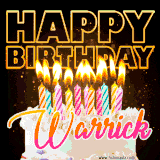A vibrant animated GIF featuring a delicious birthday cake topped with glowing candles and the name 'Warrick' in elegant script, and the words 'Happy Birthday' on the black background.