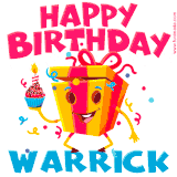 A funny animated birthday GIF with the words 'Happy Birthday Warricka', colorful gift box with arms and legs, holding a cupcake with a lit candle  with confetti everywhere.
