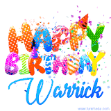 Animated GIF with colorful, festive 'Happy Birthday Warrick' text decorated with patterns, a party hat, and falling confetti. A vibrant and cheerful design for birthday celebrations.