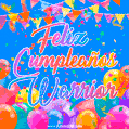 A vibrant animated GIF with 'Feliz Cumpleaños Warrior' written in colorful script, surrounded by balloons, confetti, and bunting on a bright blue background.