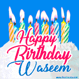 A cheerful animated GIF featuring colorful lit birthday candles on a white cake, with the text 'Happy Birthday Waseem' in bold red and blue script on a bright blue background.