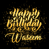 Animated GIF with colorful, festive 'Happy Birthday Waseem' text decorated with patterns, a party hat, and falling confetti. A vibrant and cheerful design for birthday celebrations.