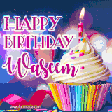 A festive animated GIF featuring a colorful cupcake with a single lit candle, sprinkles, and 'Happy Birthday Waseem' text against a sparkling, celebratory background.