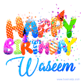 Animated GIF with colorful, festive 'Happy Birthday Waseem' text decorated with patterns, a party hat, and falling confetti. A vibrant and cheerful design for birthday celebrations.