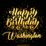 Animated GIF with colorful, festive 'Happy Birthday Washington' text decorated with patterns, a party hat, and falling confetti. A vibrant and cheerful design for birthday celebrations.