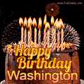 A rich chocolate cake topped with glowing birthday candles and surrounded by bright fireworks. The animated GIF displays the message 'Happy Birthday Washington' in golden text.