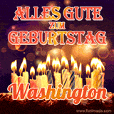An animated GIF featuring 'Alles Gute Zum Geburtstag Washington' in glowing red and gold letters above a cake with colorful lit candles, set against a festive sparkling background.