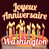 A Happy Birthday GIF in French featuring a festive birthday cake adorned with bright candles and the glowing text 'Joyeux Anniversaire Washington' in a cheerful style.