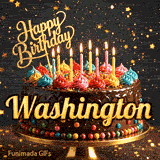 A delicious-looking chocolate cake topped with multiple lit candles and a golden Happy Birthday sign, personalized for Washington.