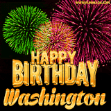 A captivating GIF with bursts of green, pink, and orange fireworks lighting up the night sky, accompanied by 'Happy Birthday Washington' in glowing golden text.