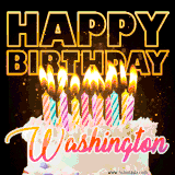 A vibrant animated GIF featuring a delicious birthday cake topped with glowing candles and the name 'Washington' in elegant script, and the words 'Happy Birthday' on the black background.