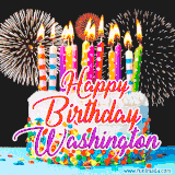 A lively happy birthday animated GIF showcasing a colorful birthday cake covered in sprinkles, topped with glowing candles, and surrounded by vibrant fireworks. The name 'Washington' is featured in elegant script.