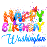Animated GIF with colorful, festive 'Happy Birthday Washington' text decorated with patterns, a party hat, and falling confetti. A vibrant and cheerful design for birthday celebrations.