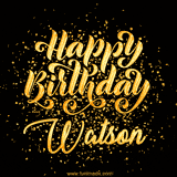 Animated GIF with colorful, festive 'Happy Birthday Watson' text decorated with patterns, a party hat, and falling confetti. A vibrant and cheerful design for birthday celebrations.