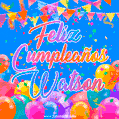 A vibrant animated GIF with 'Feliz Cumpleaños Watson' written in colorful script, surrounded by balloons, confetti, and bunting on a bright blue background.