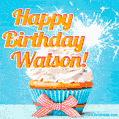A cheerful animated GIF of a cupcake with creamy frosting, a red checkered ribbon, and a bright sparkler on top. The text 'Happy Birthday Watson!' is displayed in vibrant orange and red.