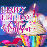 A festive animated GIF featuring a colorful cupcake with a single lit candle, sprinkles, and 'Happy Birthday Watson' text against a sparkling, celebratory background.