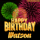 A captivating GIF with bursts of green, pink, and orange fireworks lighting up the night sky, accompanied by 'Happy Birthday Watson' in glowing golden text.