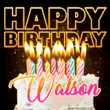 A vibrant animated GIF featuring a delicious birthday cake topped with glowing candles and the name 'Watson' in elegant script, and the words 'Happy Birthday' on the black background.