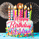 A lively happy birthday animated GIF showcasing a colorful birthday cake covered in sprinkles, topped with glowing candles, and surrounded by vibrant fireworks. The name 'Watson' is featured in elegant script.