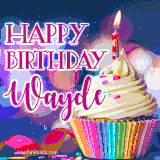A festive animated GIF featuring a colorful cupcake with a single lit candle, sprinkles, and 'Happy Birthday Wayde' text against a sparkling, celebratory background.