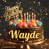 Sparkly golden star background with a detailed chocolate drip cake and the name Wayde on the front.