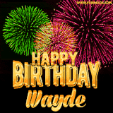 A captivating GIF with bursts of green, pink, and orange fireworks lighting up the night sky, accompanied by 'Happy Birthday Wayde' in glowing golden text.