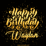 Animated GIF with colorful, festive 'Happy Birthday Waylan' text decorated with patterns, a party hat, and falling confetti. A vibrant and cheerful design for birthday celebrations.