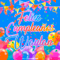 A vibrant animated GIF with 'Feliz Cumpleaños Waylan' written in colorful script, surrounded by balloons, confetti, and bunting on a bright blue background.