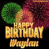 A captivating GIF with bursts of green, pink, and orange fireworks lighting up the night sky, accompanied by 'Happy Birthday Waylan' in glowing golden text.