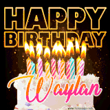 A vibrant animated GIF featuring a delicious birthday cake topped with glowing candles and the name 'Waylan' in elegant script, and the words 'Happy Birthday' on the black background.