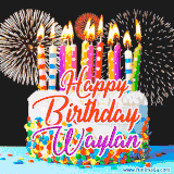 A lively happy birthday animated GIF showcasing a colorful birthday cake covered in sprinkles, topped with glowing candles, and surrounded by vibrant fireworks. The name 'Waylan' is featured in elegant script.
