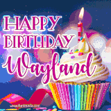 A festive animated GIF featuring a colorful cupcake with a single lit candle, sprinkles, and 'Happy Birthday Wayland' text against a sparkling, celebratory background.