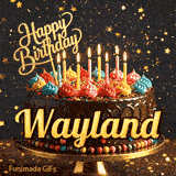 Festive chocolate birthday cake decorated with colorful frosting and candles under sparkling golden stars, personalized for Wayland.