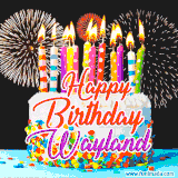 A lively happy birthday animated GIF showcasing a colorful birthday cake covered in sprinkles, topped with glowing candles, and surrounded by vibrant fireworks. The name 'Wayland' is featured in elegant script.