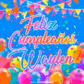 A vibrant animated GIF with 'Feliz Cumpleaños Waylen' written in colorful script, surrounded by balloons, confetti, and bunting on a bright blue background.