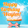 A cheerful animated GIF of a cupcake with creamy frosting, a red checkered ribbon, and a bright sparkler on top. The text 'Happy Birthday Waylen!' is displayed in vibrant orange and red.