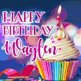 A festive animated GIF featuring a colorful cupcake with a single lit candle, sprinkles, and 'Happy Birthday Waylen' text against a sparkling, celebratory background.