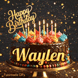 Animated card of a gourmet chocolate birthday cake with the name Waylen and glowing candle flames.