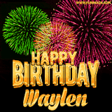 A captivating GIF with bursts of green, pink, and orange fireworks lighting up the night sky, accompanied by 'Happy Birthday Waylen' in glowing golden text.
