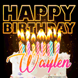 A vibrant animated GIF featuring a delicious birthday cake topped with glowing candles and the name 'Waylen' in elegant script, and the words 'Happy Birthday' on the black background.