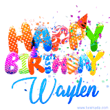 Animated GIF with colorful, festive 'Happy Birthday Waylen' text decorated with patterns, a party hat, and falling confetti. A vibrant and cheerful design for birthday celebrations.