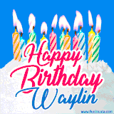 A cheerful animated GIF featuring colorful lit birthday candles on a white cake, with the text 'Happy Birthday Waylin' in bold red and blue script on a bright blue background.