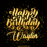 Animated GIF with colorful, festive 'Happy Birthday Waylin' text decorated with patterns, a party hat, and falling confetti. A vibrant and cheerful design for birthday celebrations.