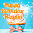 A cheerful animated GIF of a cupcake with creamy frosting, a red checkered ribbon, and a bright sparkler on top. The text 'Happy Birthday Waylin!' is displayed in vibrant orange and red.