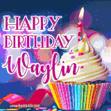A festive animated GIF featuring a colorful cupcake with a single lit candle, sprinkles, and 'Happy Birthday Waylin' text against a sparkling, celebratory background.